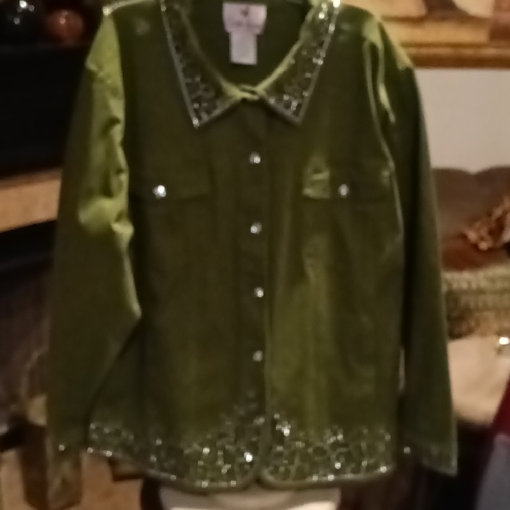 FINAL PRICE Quacker Factory green jacket w green black & silver rhinestone 2X - Picture 8 of 9